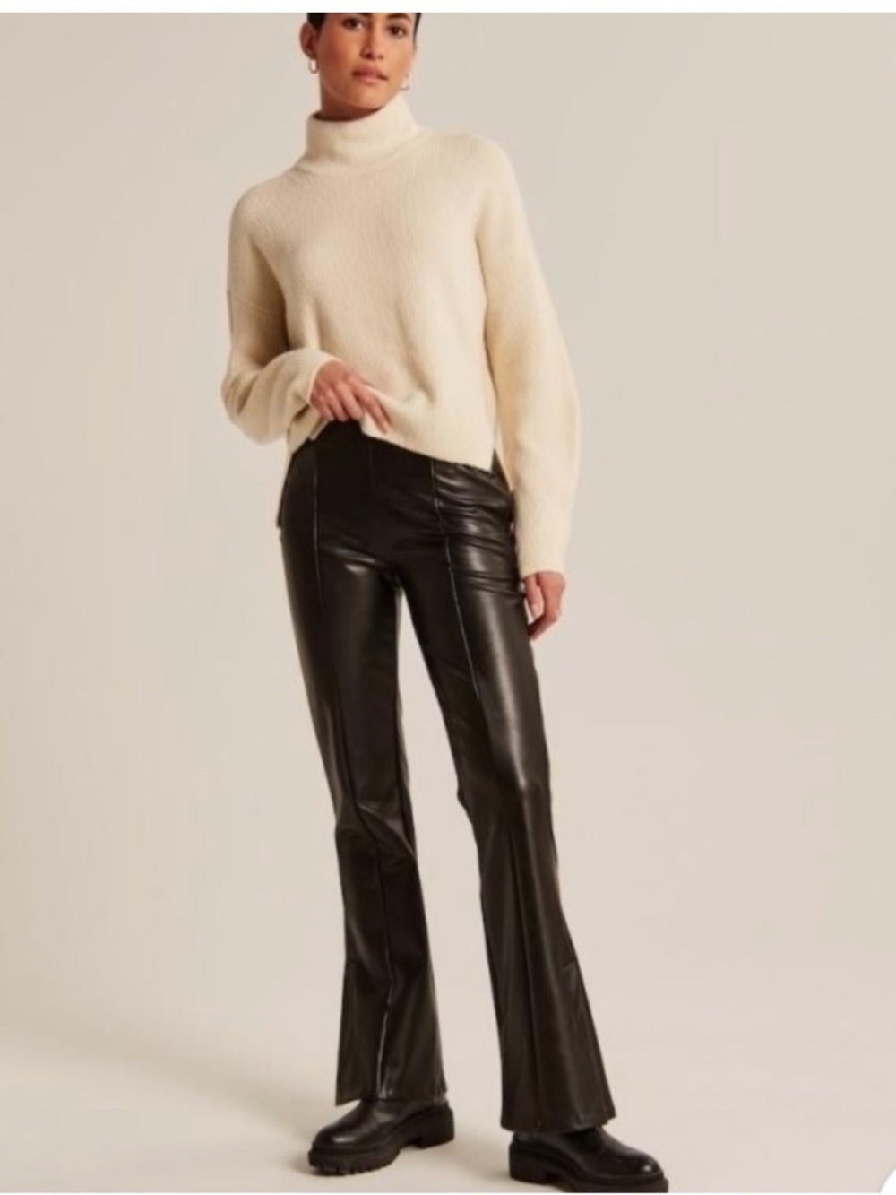 Abercrombie & Fitch Faux Vegan Leather Stretch Slim Flare Split Hem Pants Black